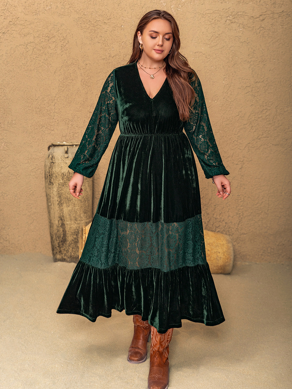 Peek-A-Boo Velvet and Lace Midi Dress
