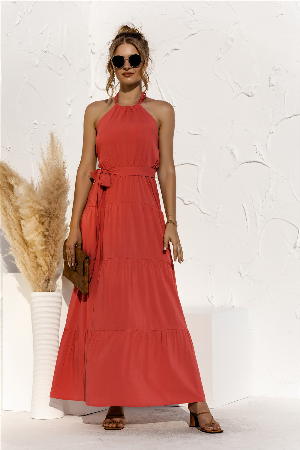 Sharon Halter Neck Tie Waist Maxi Dress