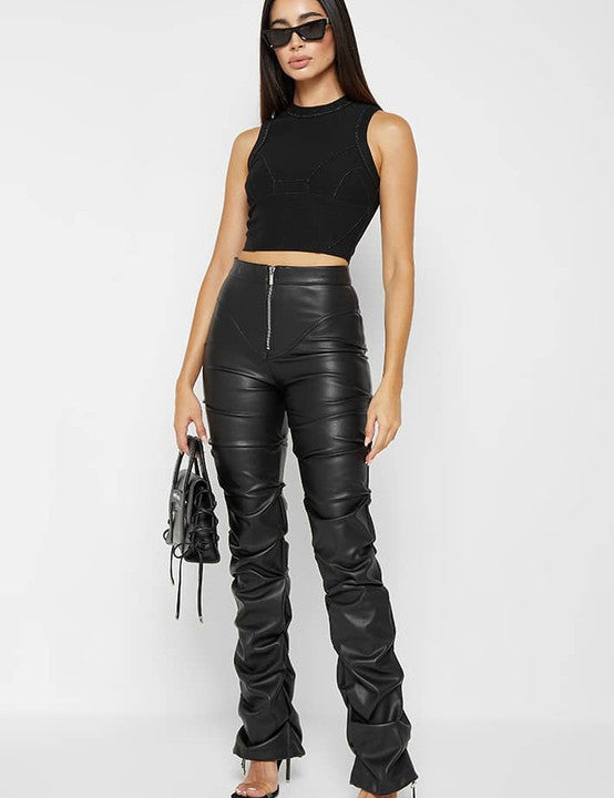 cinched leg faux leather pants - black