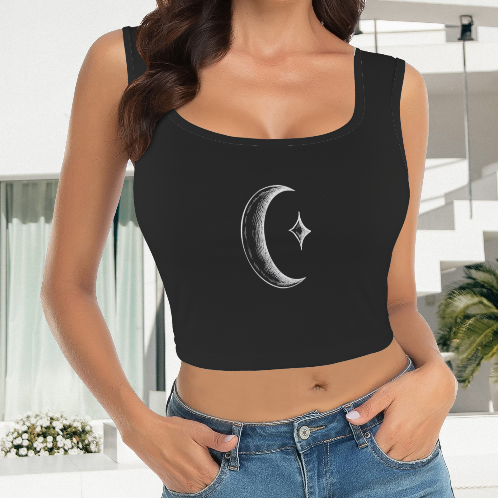 Many Moons Printed TK Exclusive Square Neck Crop Tank Top | Twilight Kisses