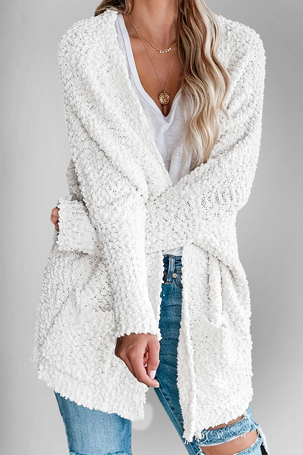 Book Nook Bouclé Open-Front Cardigan
