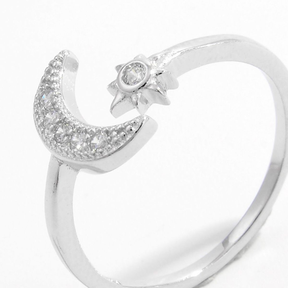 925 Sterling Silver Zircon Open Moon Star Ring