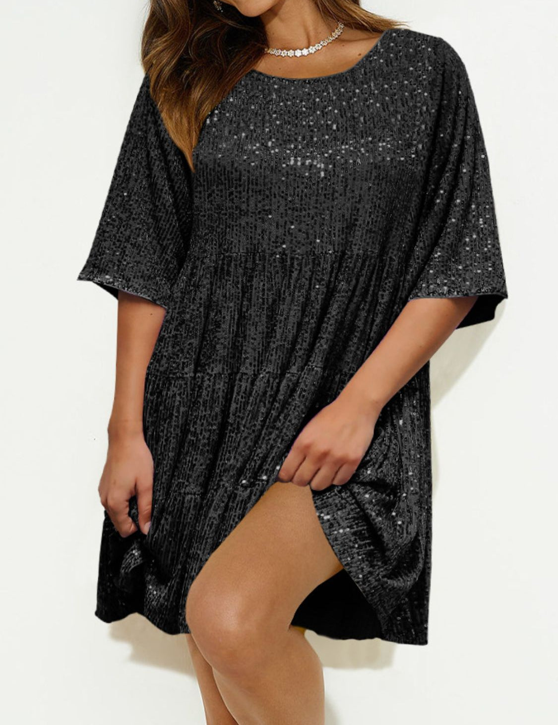 Sequin Round Neck Half Sleeve Mini Dress