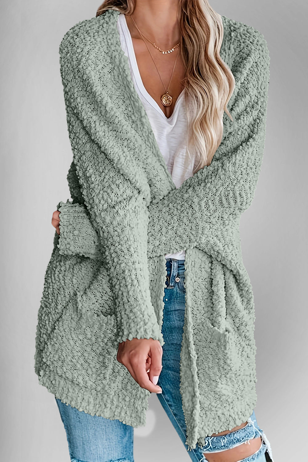 Book Nook Bouclé Open-Front Cardigan