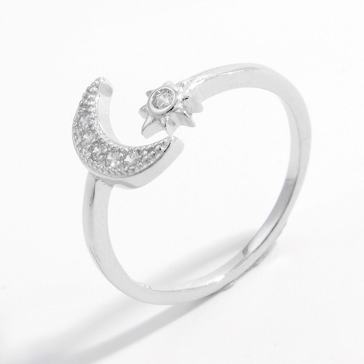 925 Sterling Silver Zircon Open Moon Star Ring