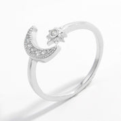 925 Sterling Silver Zircon Open Moon Star Ring