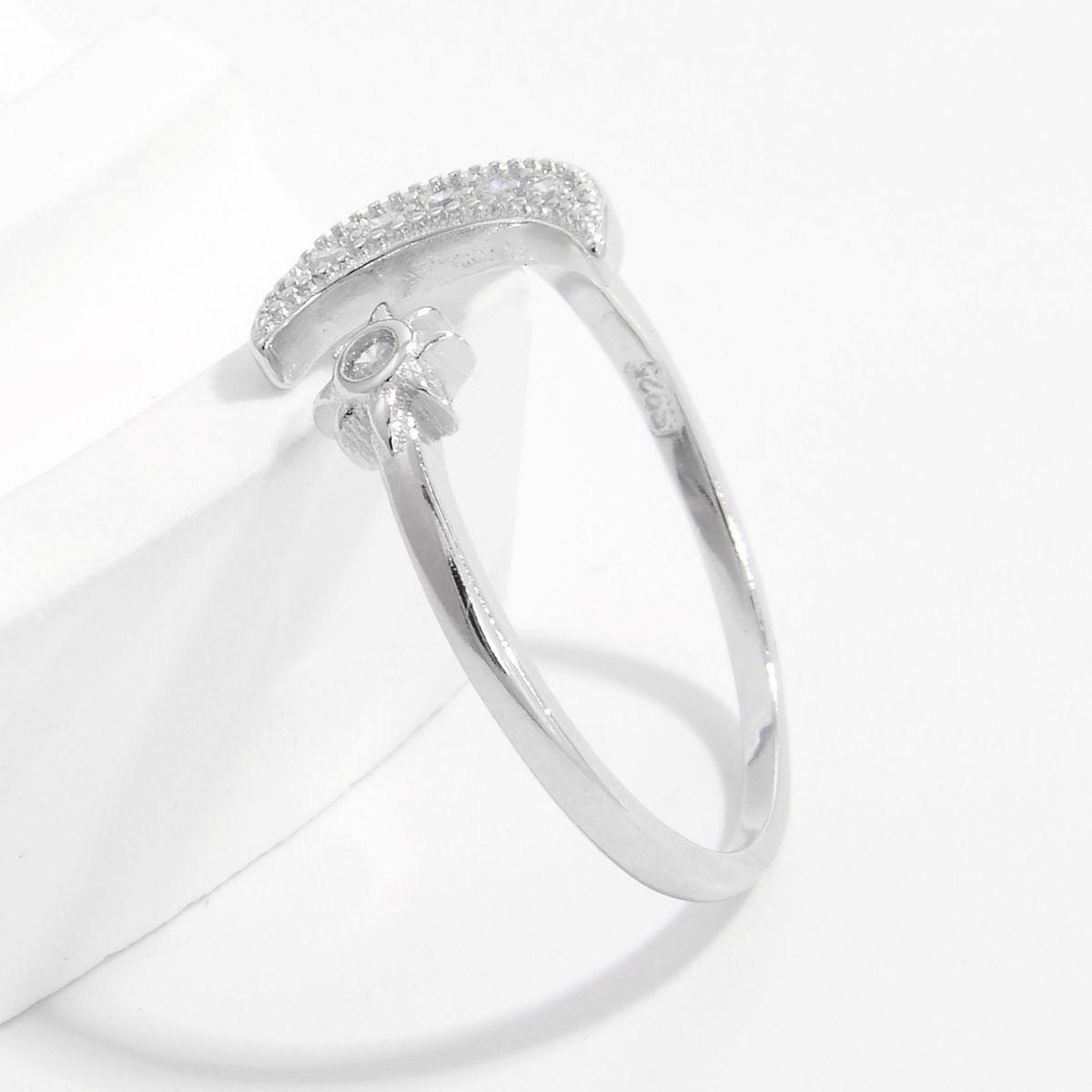 925 Sterling Silver Zircon Open Moon Star Ring