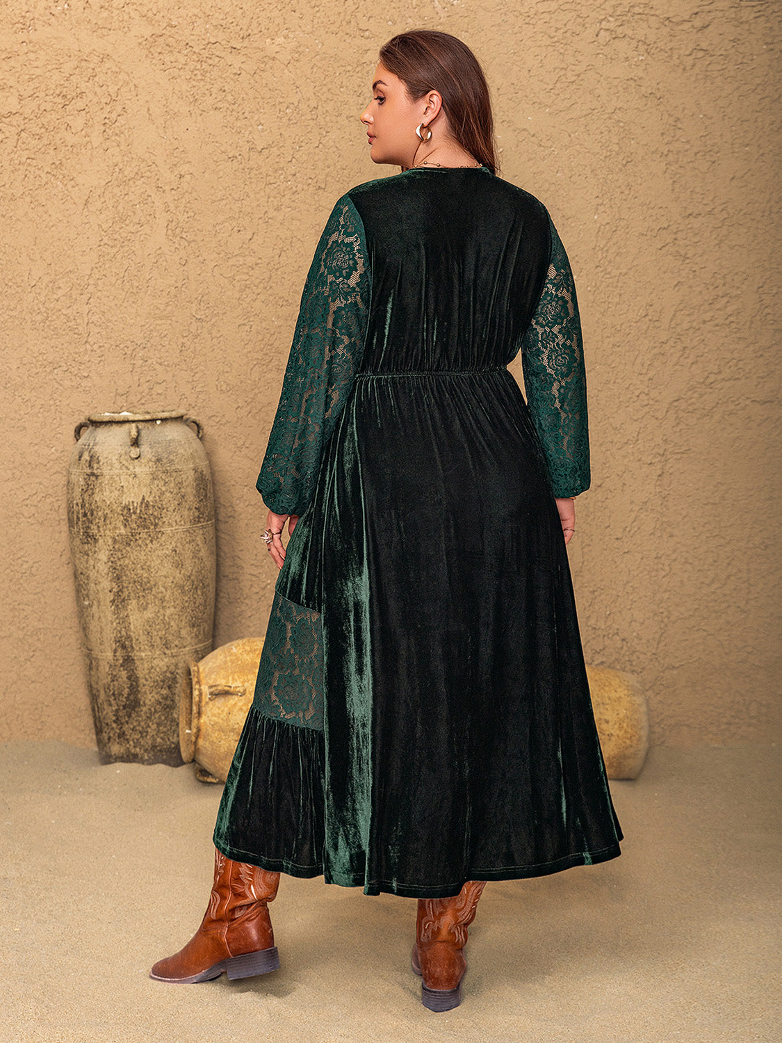 Peek-A-Boo Velvet and Lace Midi Dress
