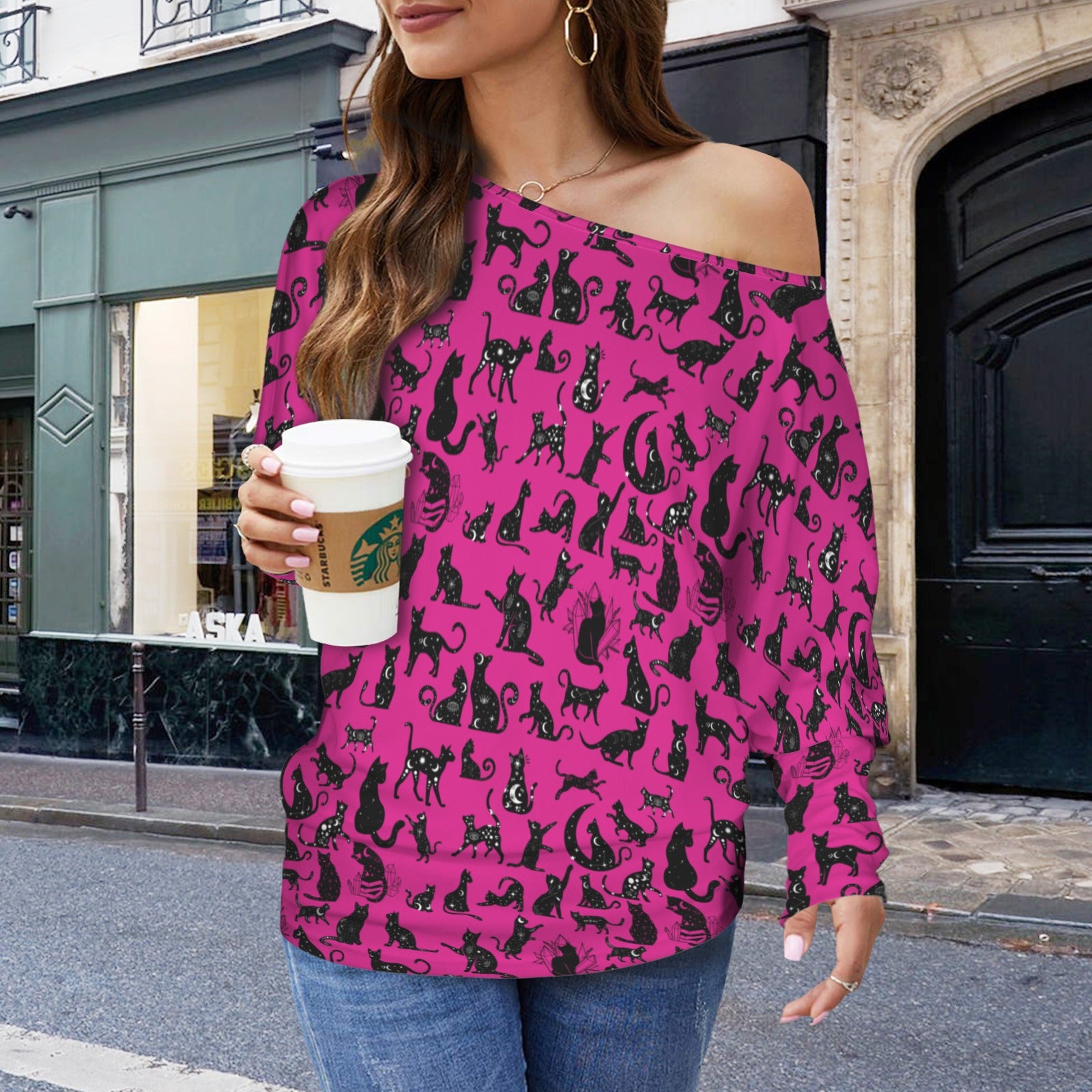 Mystical Cats TK Exclusive Off Shoulder Pullover Batwing Sweater