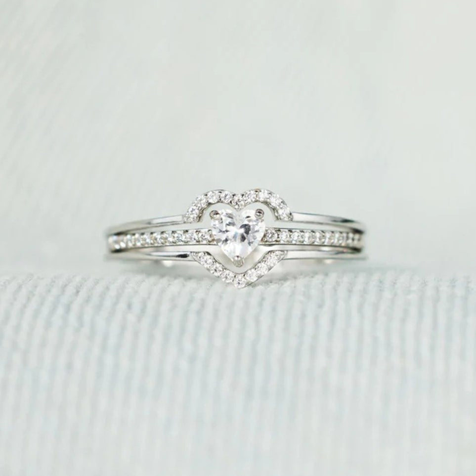 925 Sterling Silver Inlaid Nesting Zircon Heart Ring Set