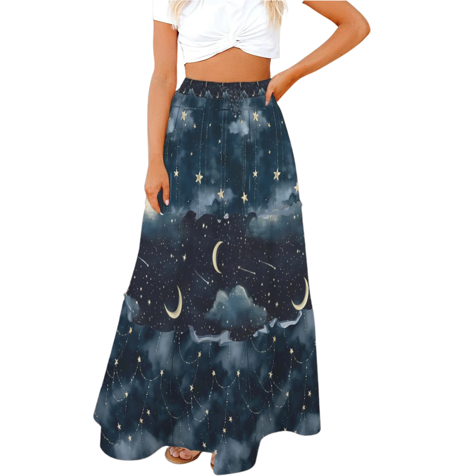 Midnight Moons n Stars TK Exclusive Tiered Prairie Maxi Skirtaxi Skirt in Midnight Blue | Twilight Kisses