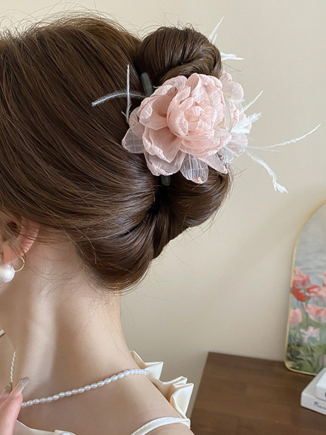 Feather Trim Floral Claw Clip