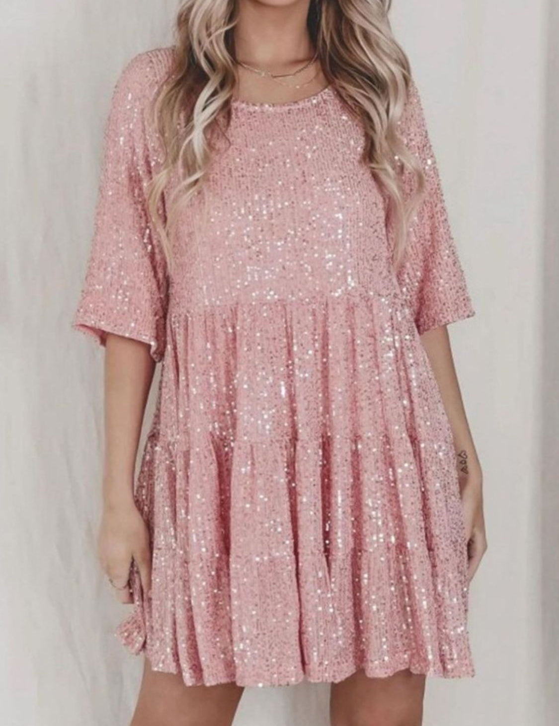 Sequin Round Neck Half Sleeve Mini Dress