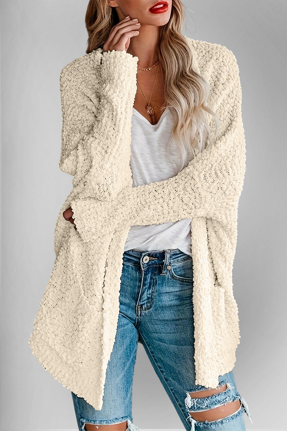 Book Nook Bouclé Open-Front Cardigan