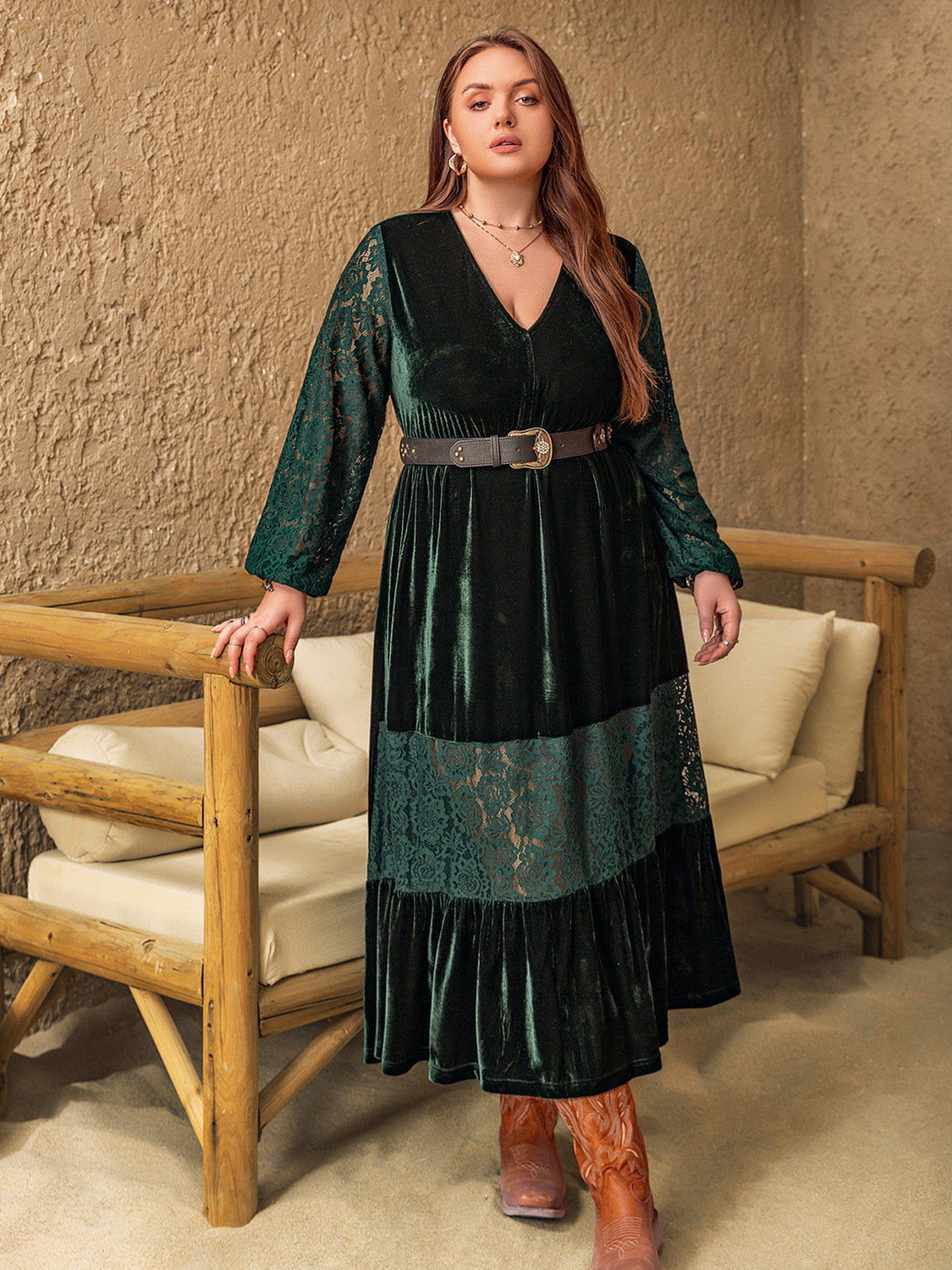 Peek-A-Boo Velvet and Lace Midi Dress