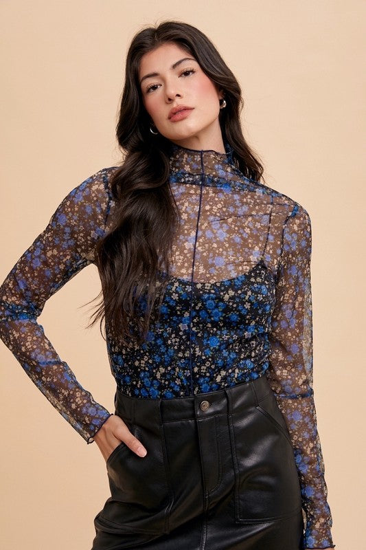 May Flowers Lettuce Hem Sheer Mesh Top