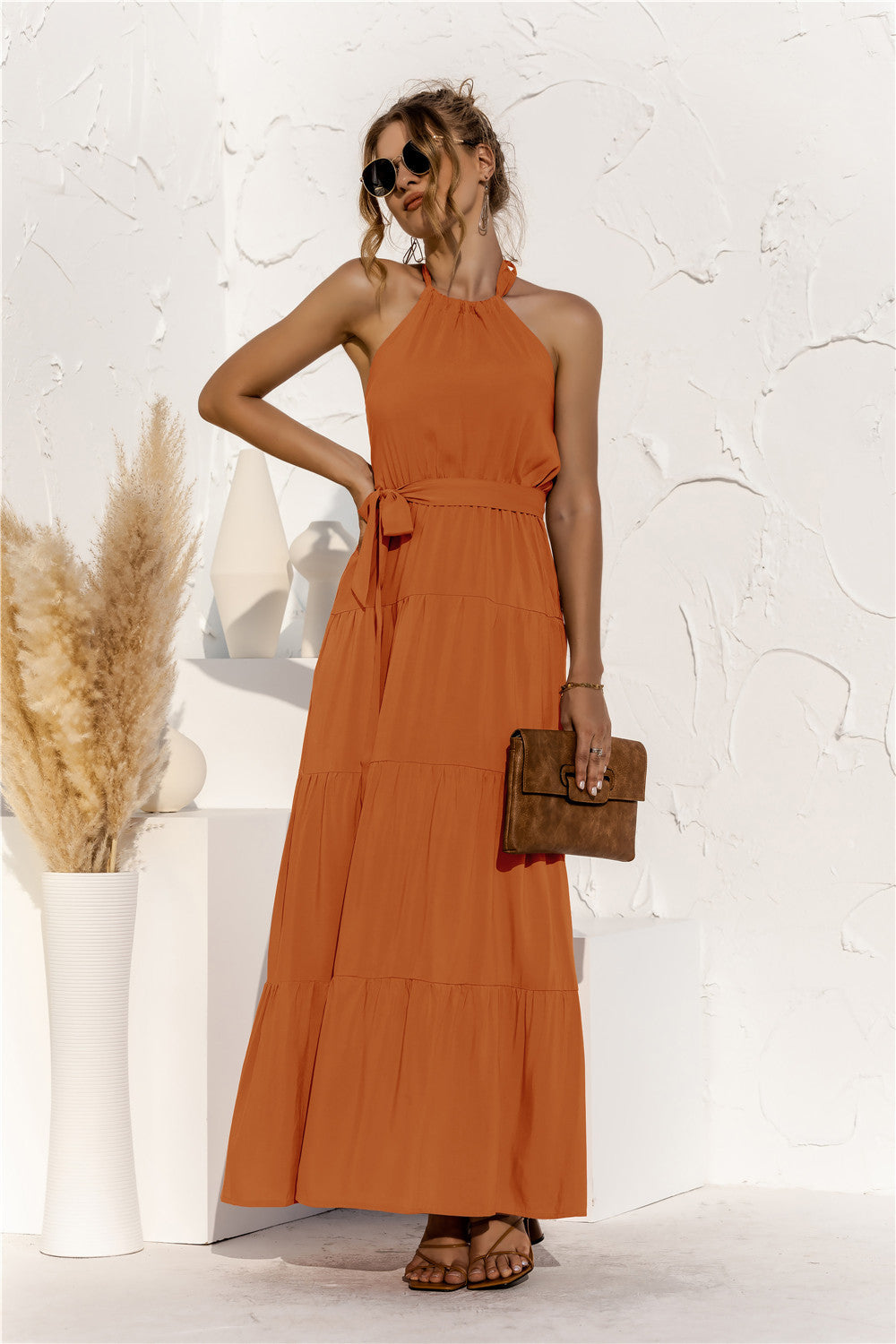 Sharon Halter Neck Tie Waist Maxi Dress