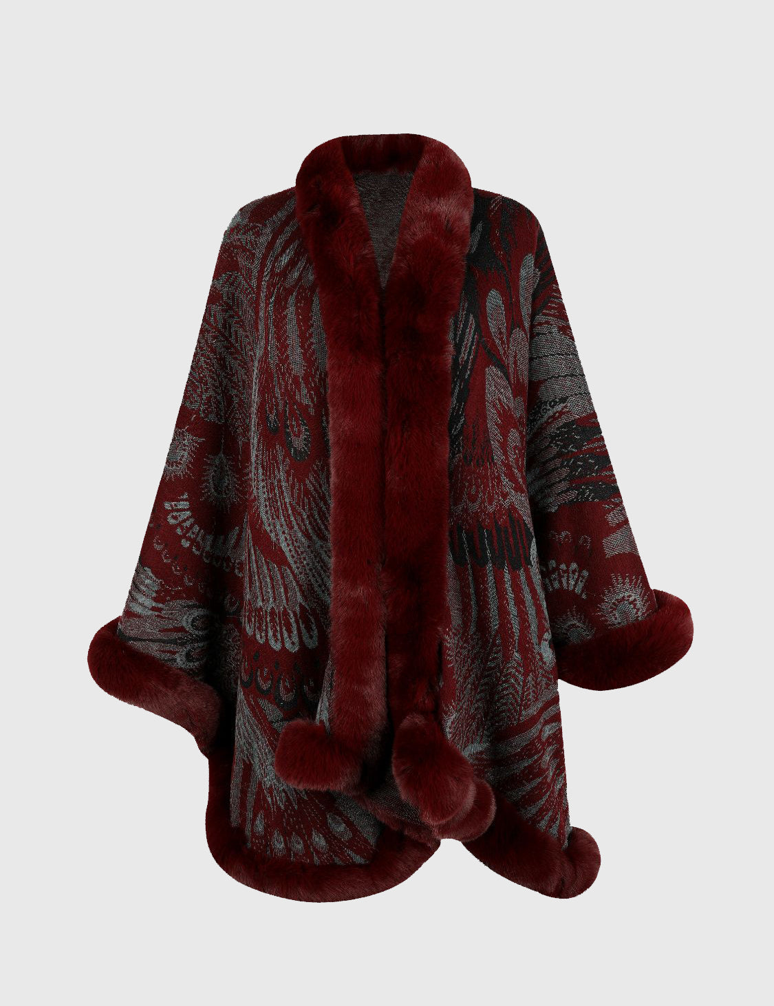Feathers Printed Open Front Poncho