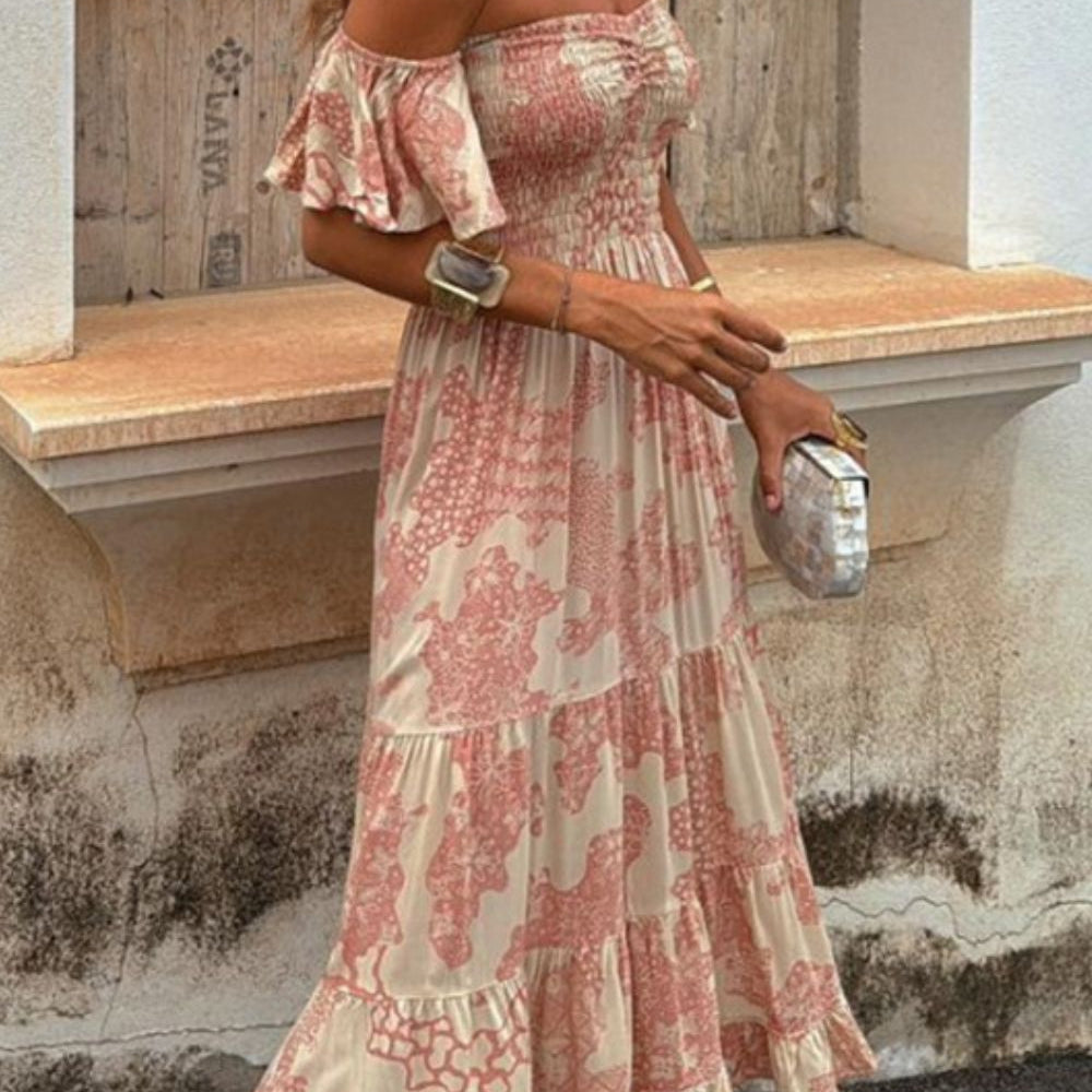 Paris Dreams Smocked Off-Shoulder Printed Midi Dress | Twilight Kisses