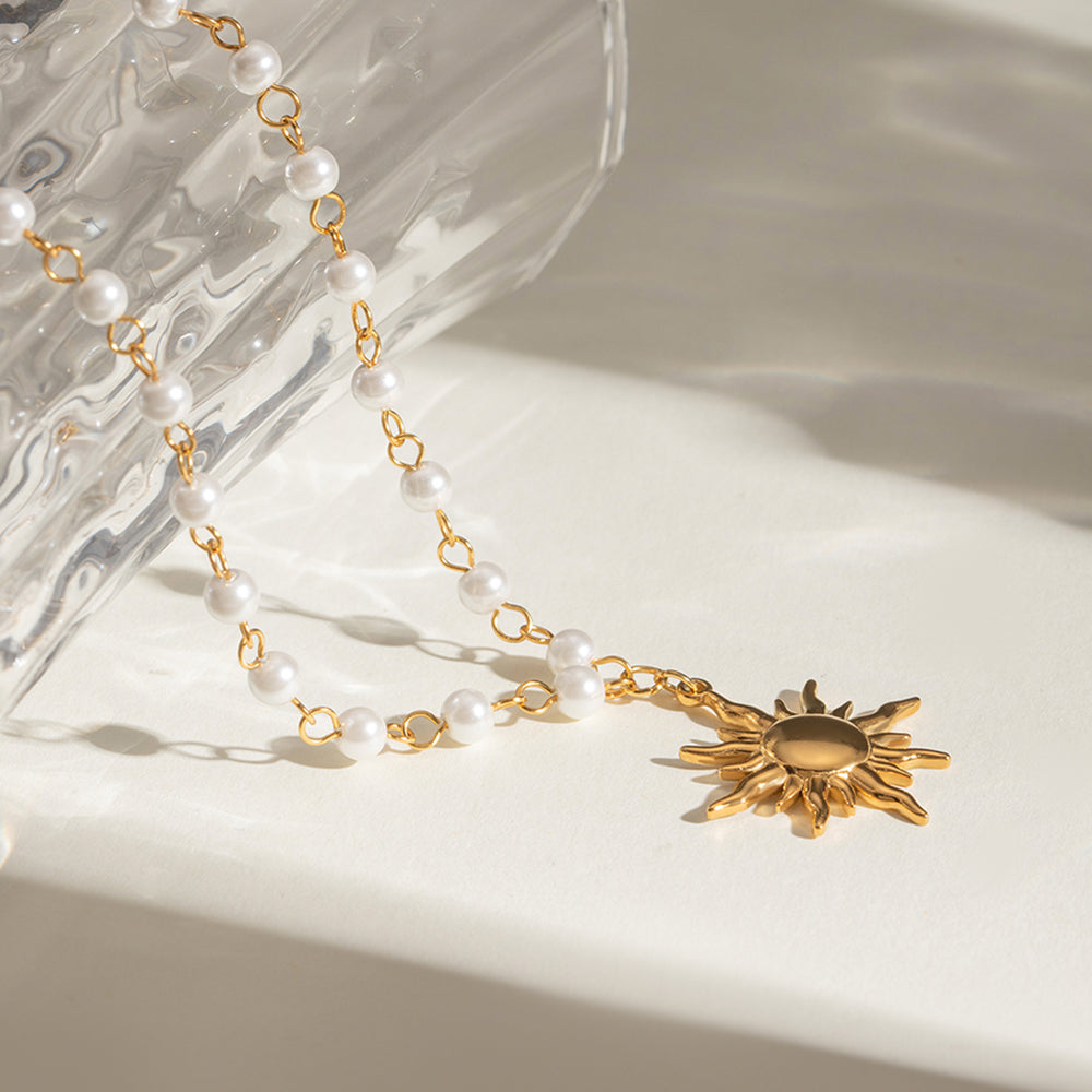 Glass Pearls 18K Gold-Plated Sun Necklace