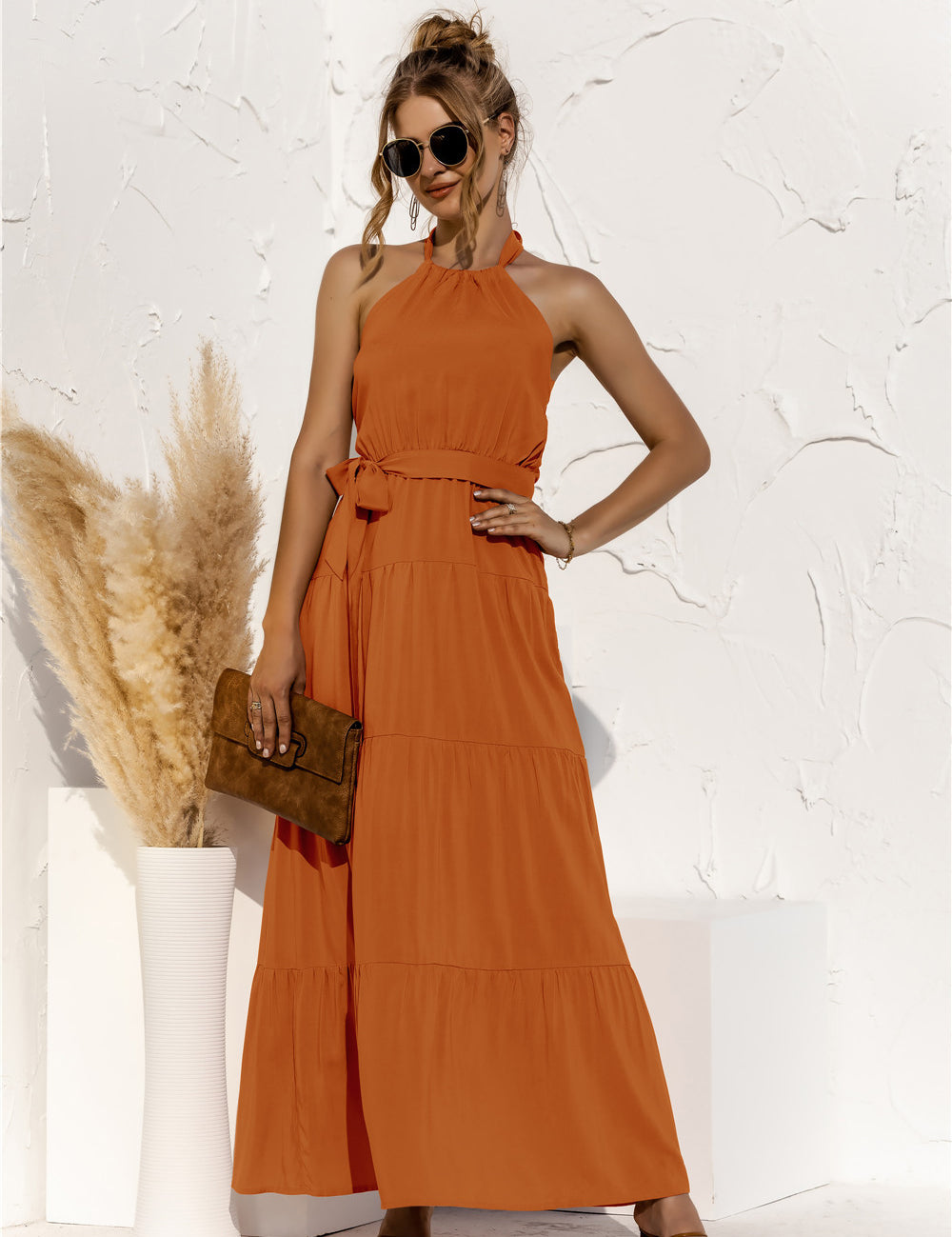 Sharon Halter Neck Tie Waist Maxi Dress