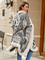 Feathers Printed Open Front Poncho