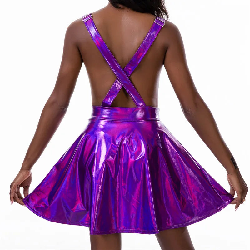Laser Holographic Criss Cross Mini Dress
