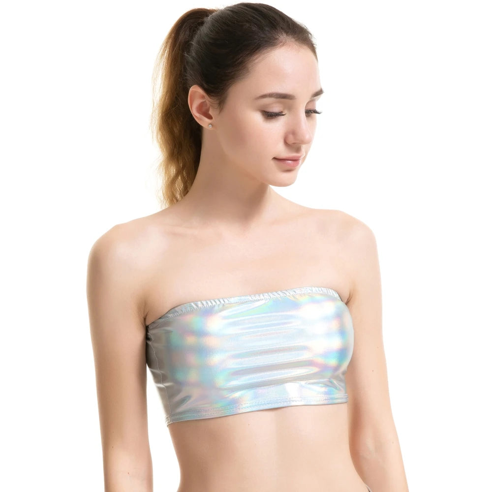 Holographic Metallic Bandeau Tube Top