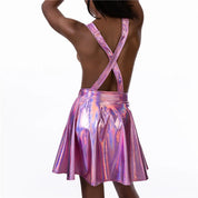 Laser Holographic Criss Cross Mini Dress