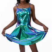 Laser Holographic Criss Cross Mini Dress
