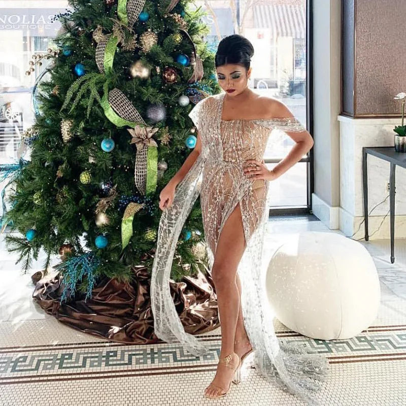 Starlit Goddess Sequined High Split Gown