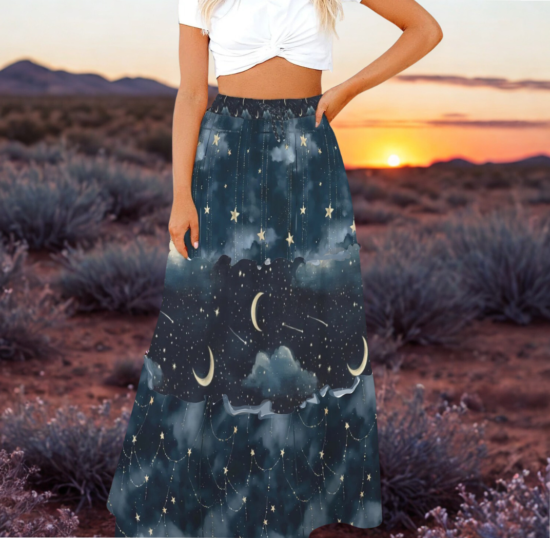 Midnight Moons n Stars TK Exclusive Tiered Prairie Maxi Skirtaxi Skirt in Midnight Blue | Twilight Kisses