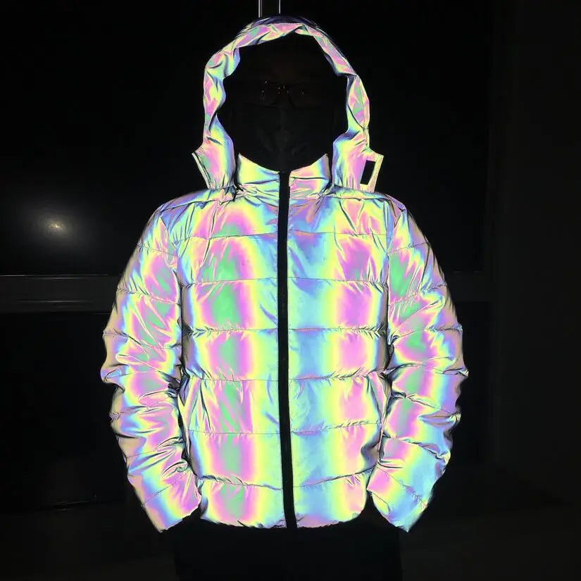 Holographic Reflective Noctilucent Hooded Puffer Jacket in Colorful | Twilight Kisses