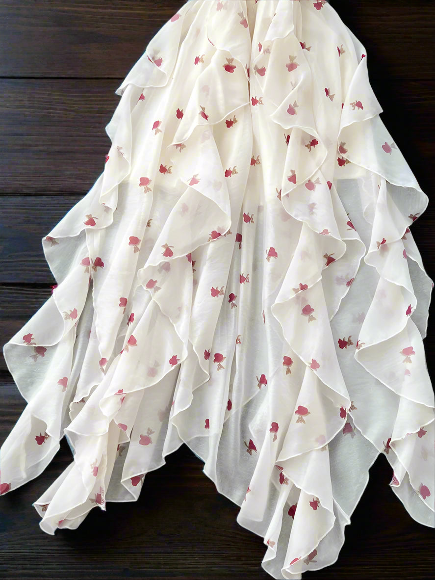 Loralai Chiffon Spaghetti Strap Asymmetrical Layers Floral Print Dress