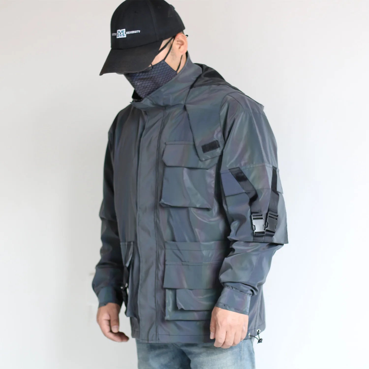 Utilitarian Holographic Reflective Hooded Jacket