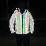 Holographic Reflective Noctilucent Hooded Puffer Jacket in Pure | Twilight Kisses