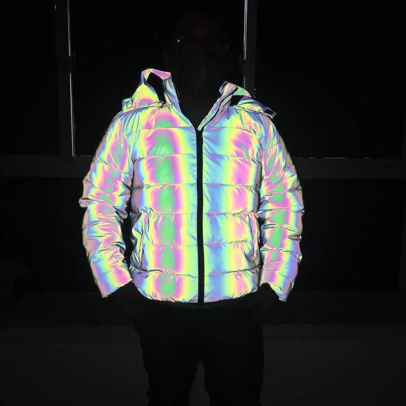 Holographic Reflective Noctilucent Hooded Puffer Jacket in Pure | Twilight Kisses