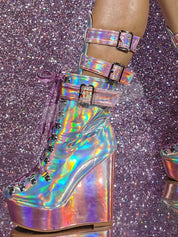 Holographic Iridescent Pink Patent Leather Wedge Ankle Boots