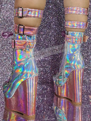 Holographic Iridescent Pink Patent Leather Wedge Ankle Boots