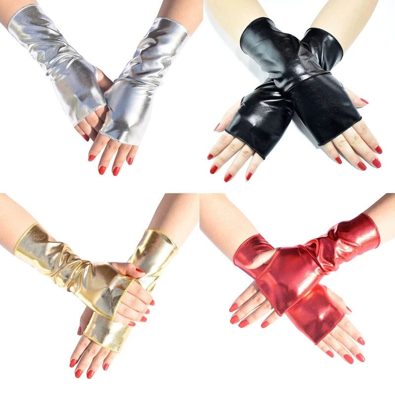 Metallic Faux Leather Fingerless Gloves