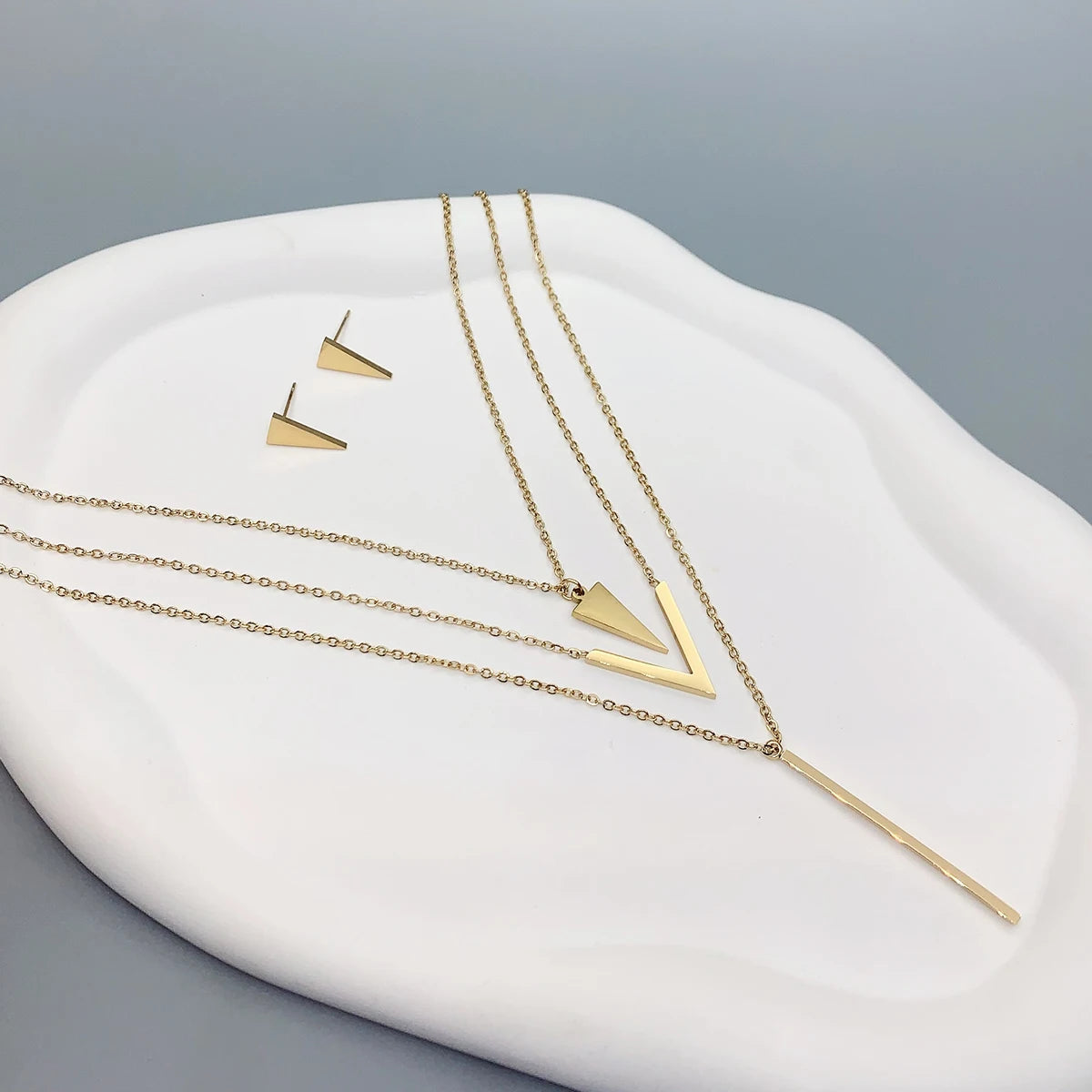 Bohemia 2 Piece Gold-Plated Stainless Steel V-shaped Geometric Pendant Triangle Earrings