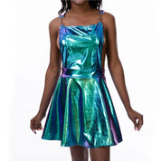 Laser Holographic Criss Cross Mini Dress