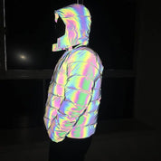 Holographic Reflective Noctilucent Hooded Puffer Jacket in Pure | Twilight Kisses