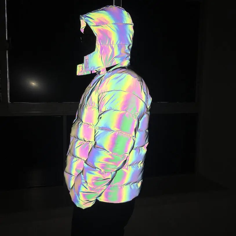 Holographic Reflective Noctilucent Hooded Puffer Jacket in Pure | Twilight Kisses