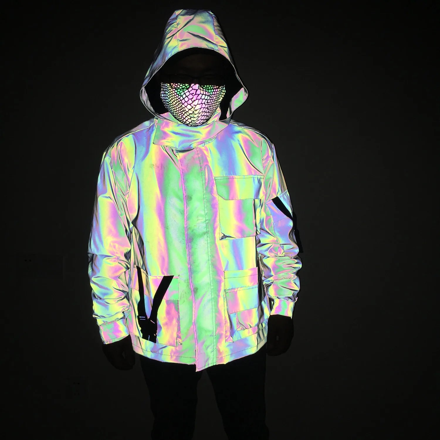Utilitarian Holographic Reflective Hooded Jacket