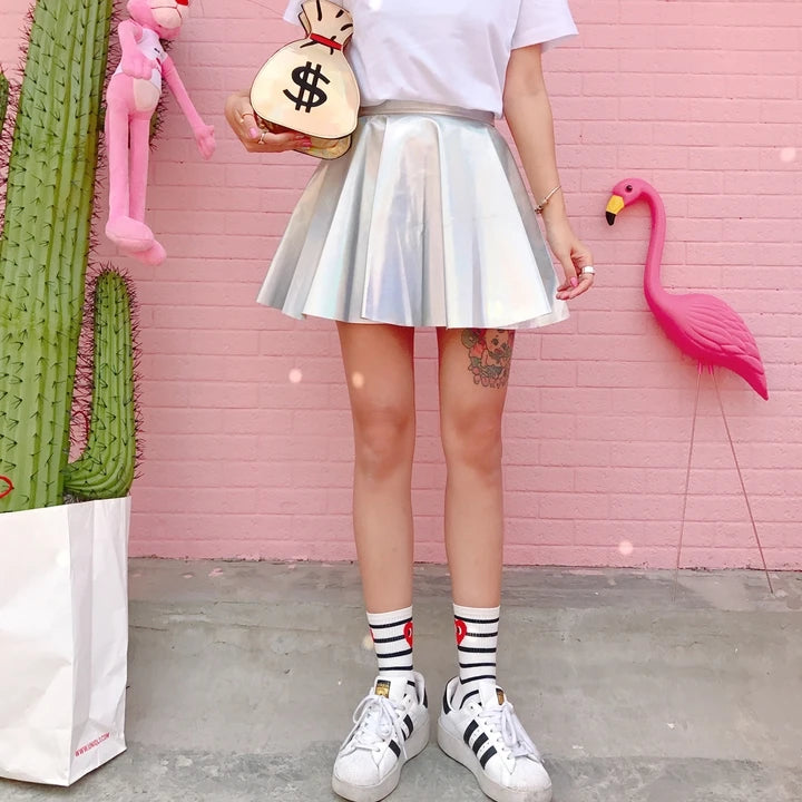 Rainbow Holographic Pleated Mini Skirt
