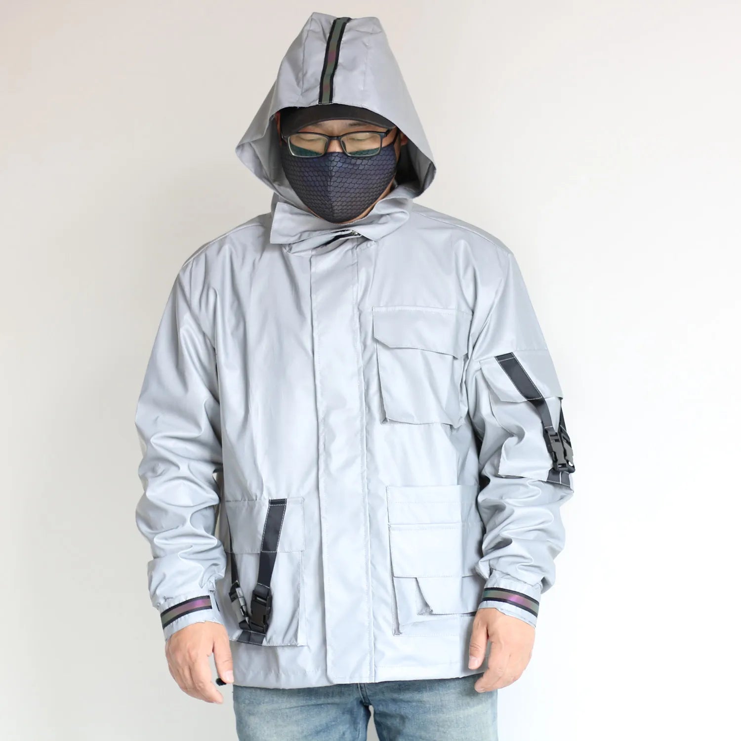 Utilitarian Holographic Reflective Hooded Jacket