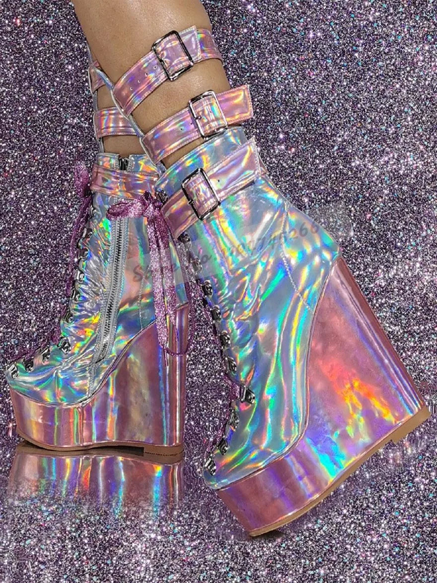 Holographic Iridescent Pink Patent Leather Wedge Ankle Boots