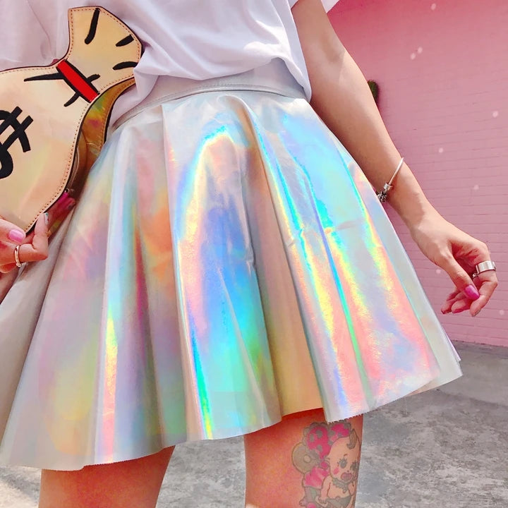 Rainbow Holographic Pleated Mini Skirt