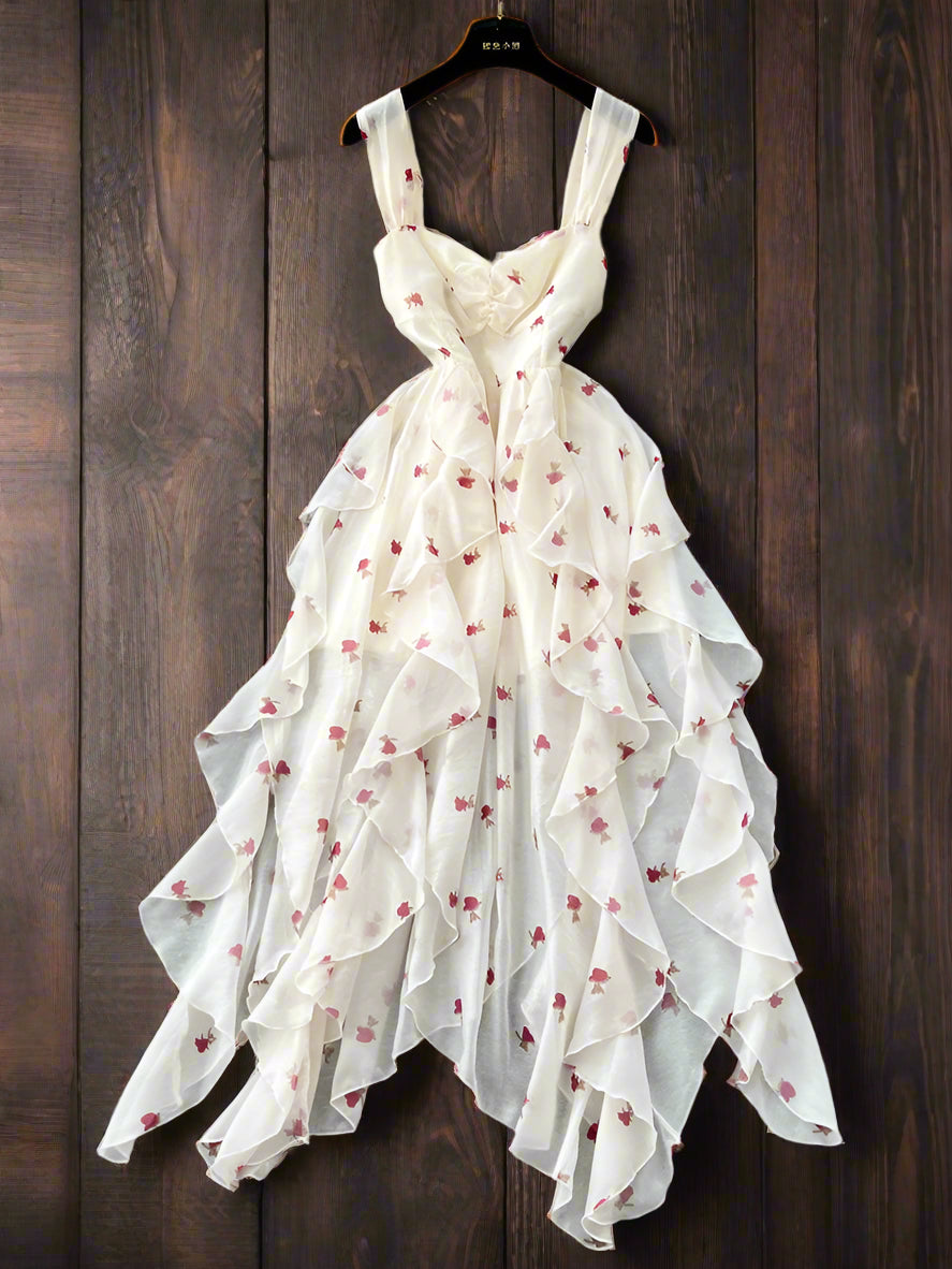Loralai Chiffon Spaghetti Strap Asymmetrical Layers Floral Print Dress